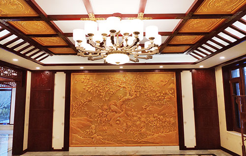 洪梅镇中式别墅客厅中式木作横梁吊顶装饰展示